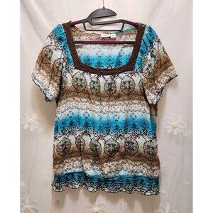 Cato Womens XL Blue Brown Top Boho Floral Hippie Paisley Milkmaid Southwestern